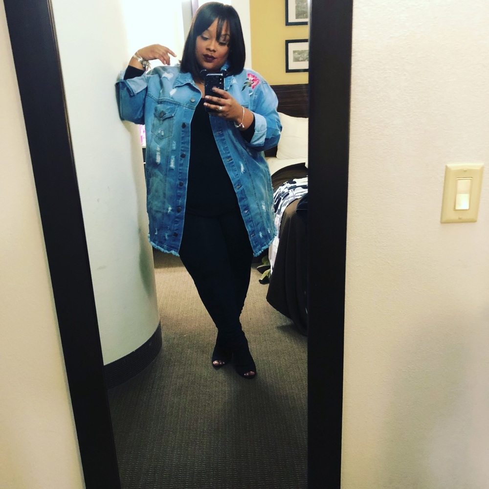 Light Blue Oversized Jean Jacket with Embroidered Detail - Women